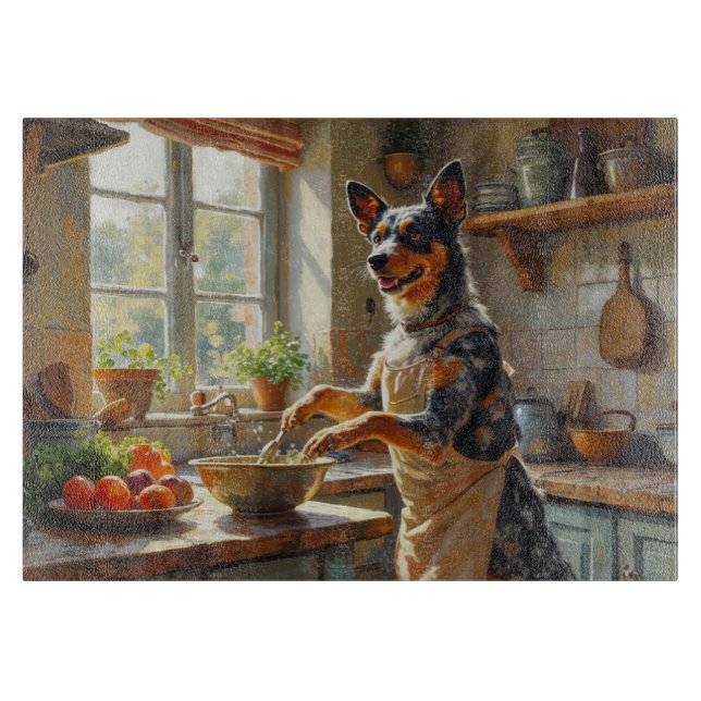 Blauer Heeler kocht in der Küche Schneidebrett (Vorderseite)