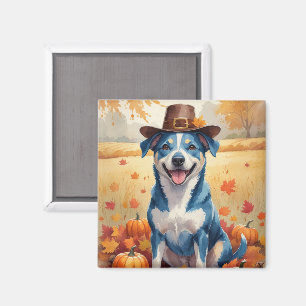 Blauer Heeler unter herbstlichen Blättern Thanksgi Magnet