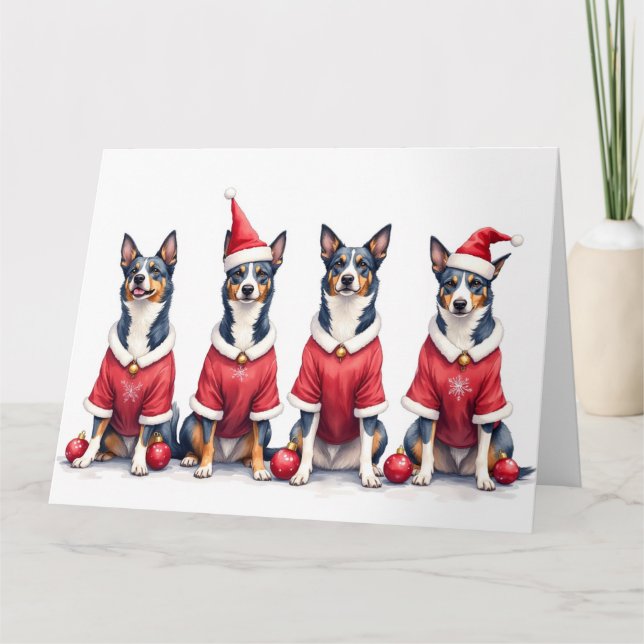Blauer Heeler Weihnachtskleid Santa Hut Karte (Vorderseite)