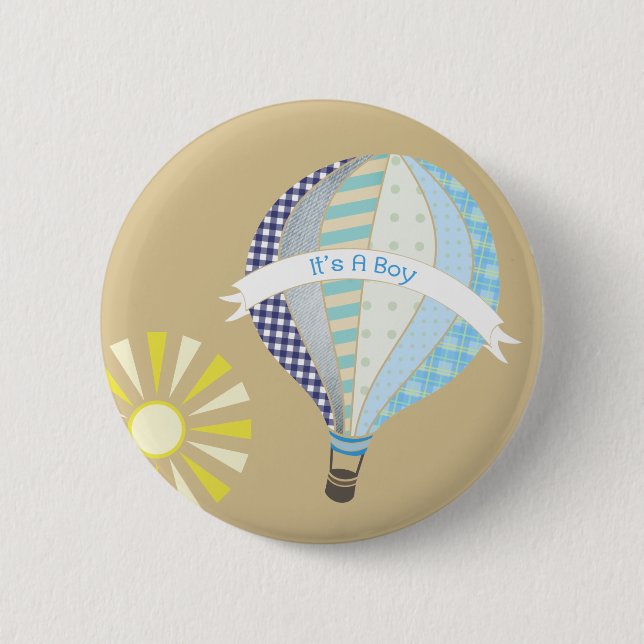 Blauer Heißluft-Ballon-Babyparty-Knopf Button (Vorderseite)