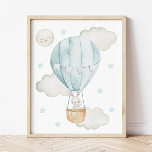 Blauer Heißluftballon, Tiere, Sonne, Kinderzimmer Poster