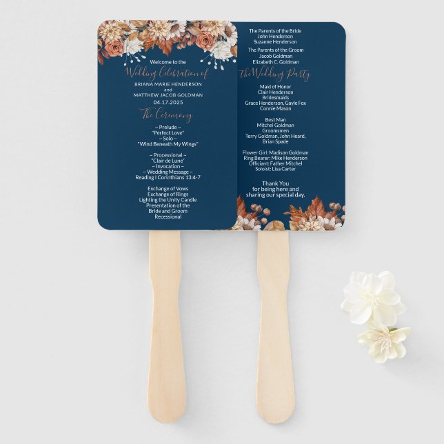 Blauer Herbstblumenstrauß Hochzeitsprogramm Handfä Fächer (Vorne und Hinten)
