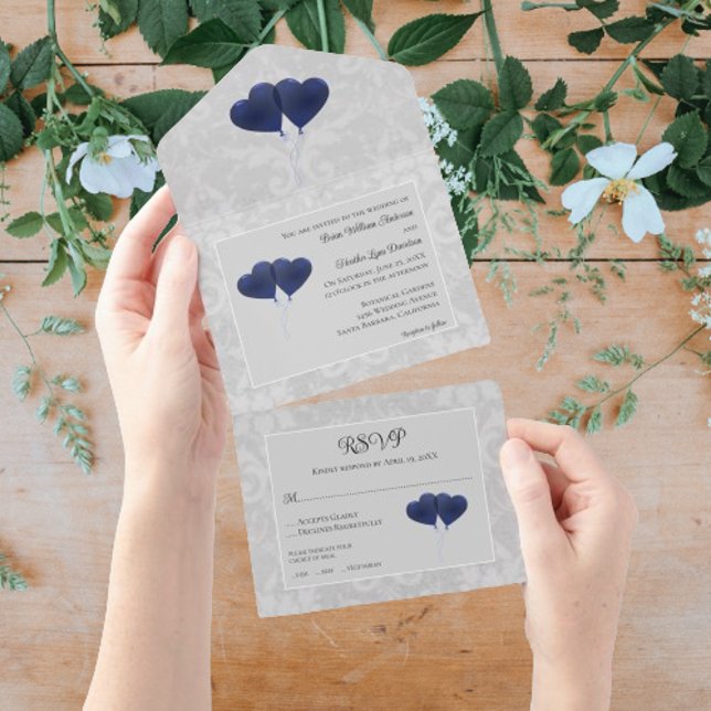 Blauer Herzschlag Hochzeit in einer Einladung (Blue Heart Balloons Wedding All in One Invitation)