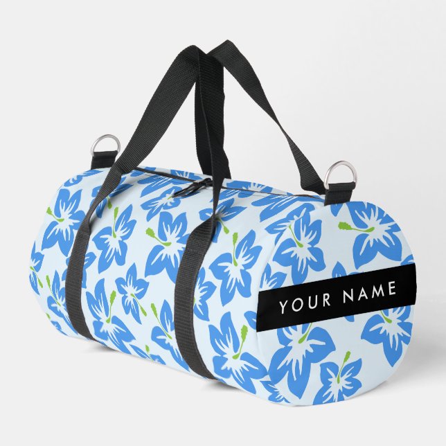 Blauer Hibiskus, Blumen, Ihr Name Duffle Bag (Linke Seite)