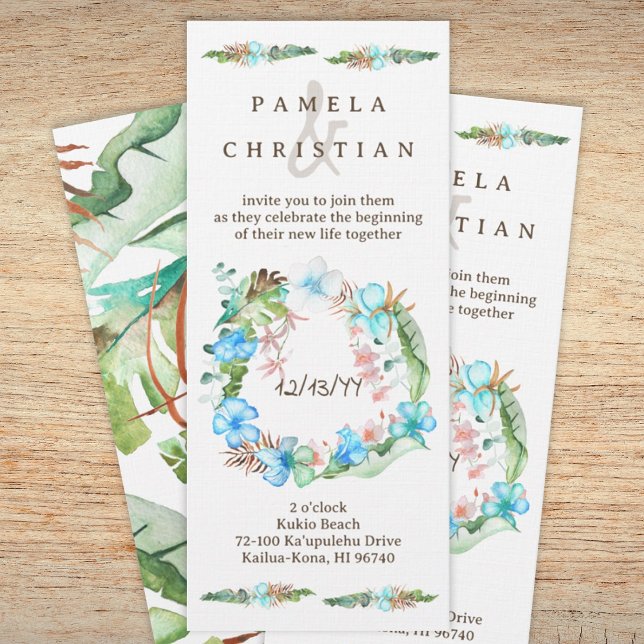 Blauer Hibiskus Tropischer Blumenkranz Einladung (Tropical natural light green, blue beach wedding, Hawaiian wedding invitation, hibiscus, monstera)