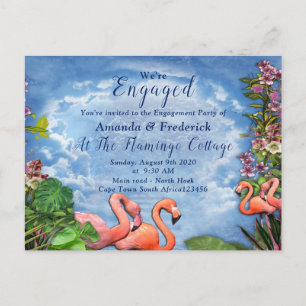 Blauer Himmel, Fluffige Wolken & Rosa Flamingos Einladungspostkarte