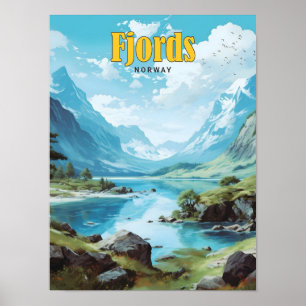 Blauer Himmel in Fjorden Norwegen Vintage Reise Poster