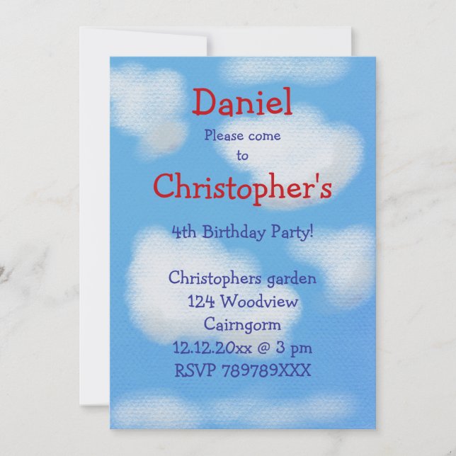 Blauer Himmel und flauschige Wolken Geburtstag Einladung (Vorderseite)