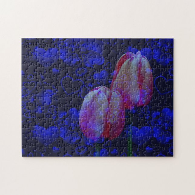 Blauer Himmel und rosafarbene Tulpen Kunst Puzzle (Horizontal)
