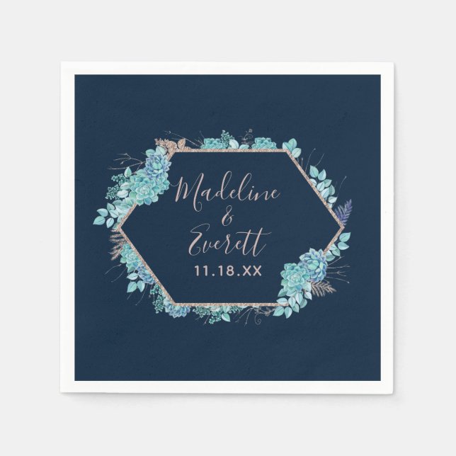 Blauer Himmel und Rose Gold-Hochzeitmonographie Serviette (Vorderseite)