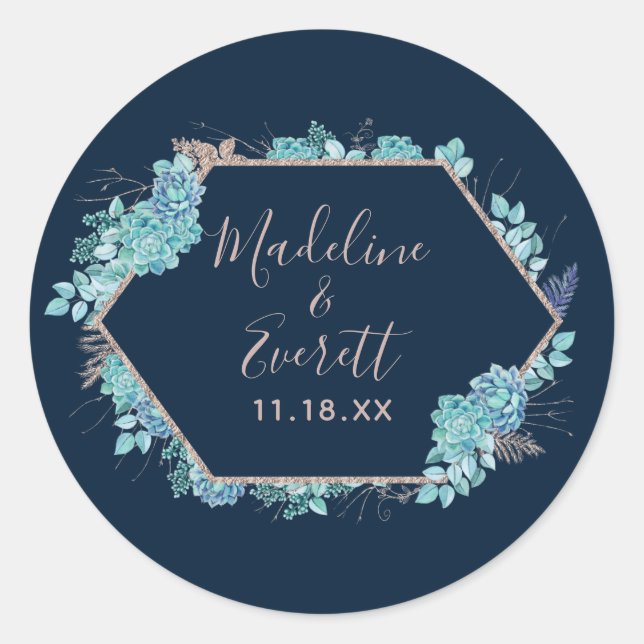 Blauer Himmel und Rose Gold Monogram Wedding Runder Aufkleber (Vorderseite)