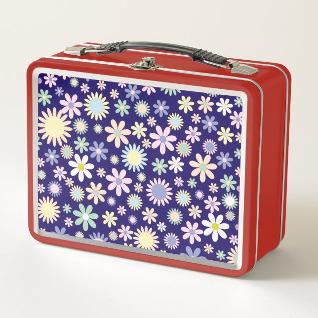 Blauer Hintergrund mit Blumenmuster Metall Brotdose (Vorderseite)
