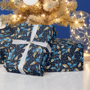 Blauer Hintergrund mit brillant blauen Holly-Blätt Geschenkpapier