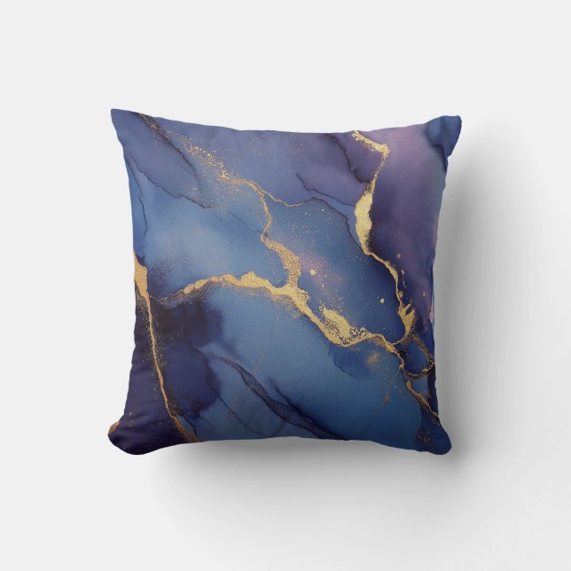 Blauer Hintergrund mit goldenen Streifen und Punkt Kissen (Vorderseite)