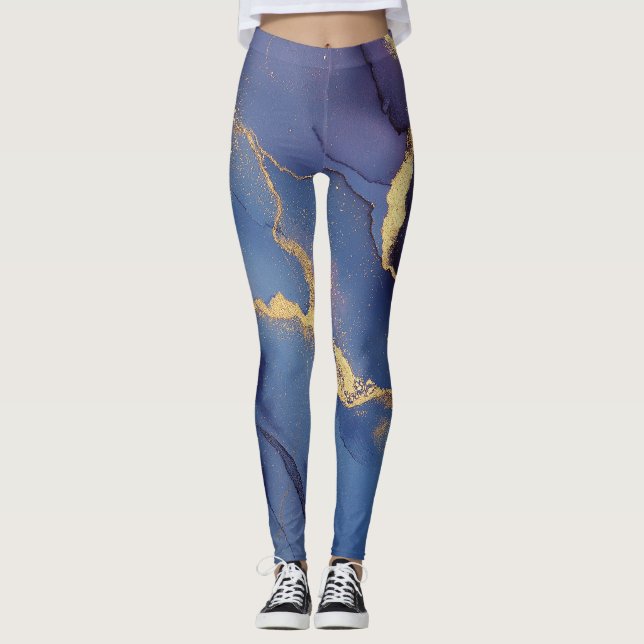 Blauer Hintergrund mit goldenen Streifen und Punkt Leggings (Vorderseite)