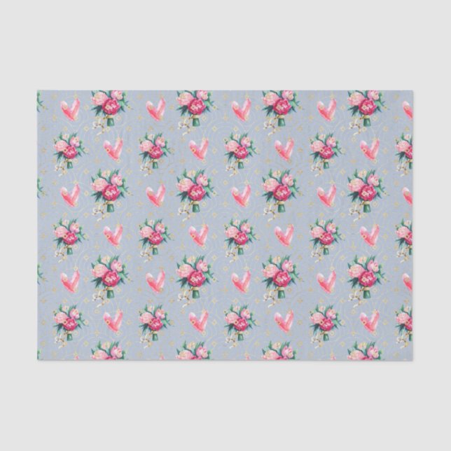 Blauer Hintergrund, rosa Blume und Herz Seidenpapier (Vorderseite)