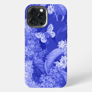 Blauer Hintergrund von Blume und einem Schmetterli iPhone 13 Pro Max Hülle