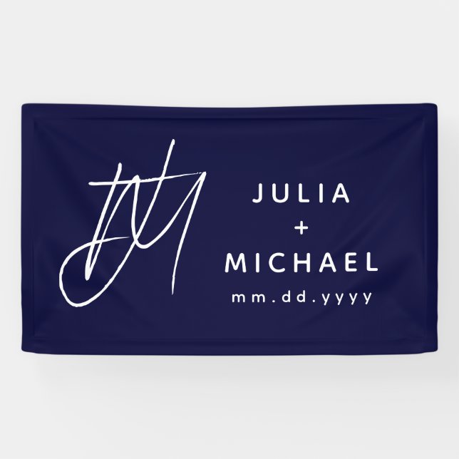 Blauer Hochzeitbanner mit Monogramm und Datum Banner (Horizontal)