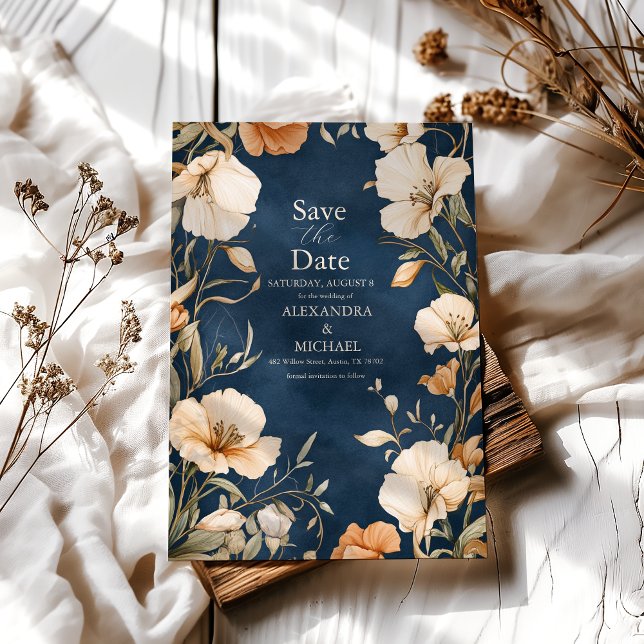 Blauer Hochzeitsmarsch in Elfenbeinflora Save The Date (Von Creator hochgeladen)