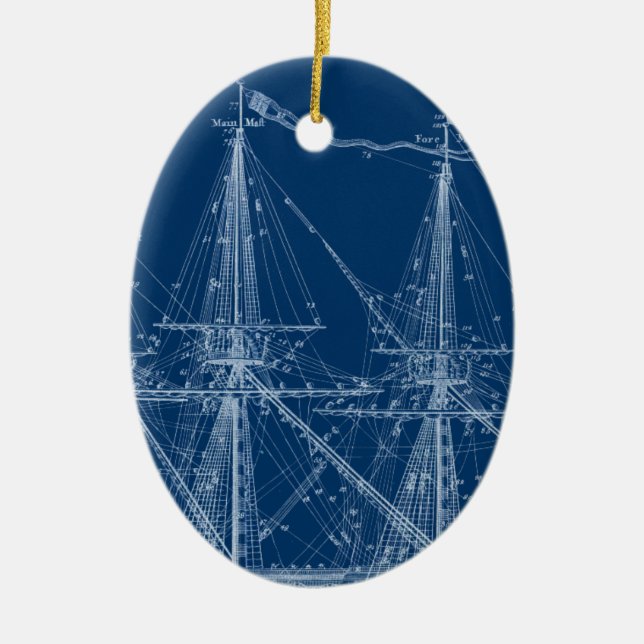 Blauer hoher Segelschiff-Plan Keramik Ornament (Vorne)