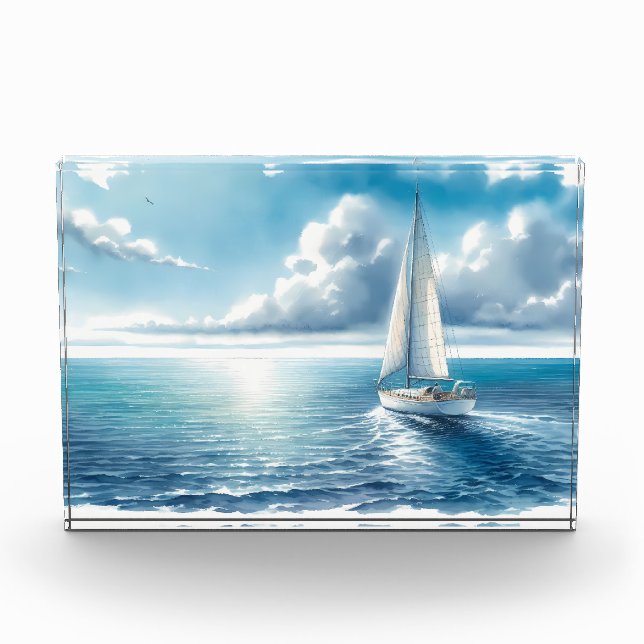 Blauer Horizont Segelboot alleine Fotoblock (Vorderseite)