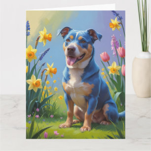 Blauer Hund Frühlingsblumen Malerei Karte