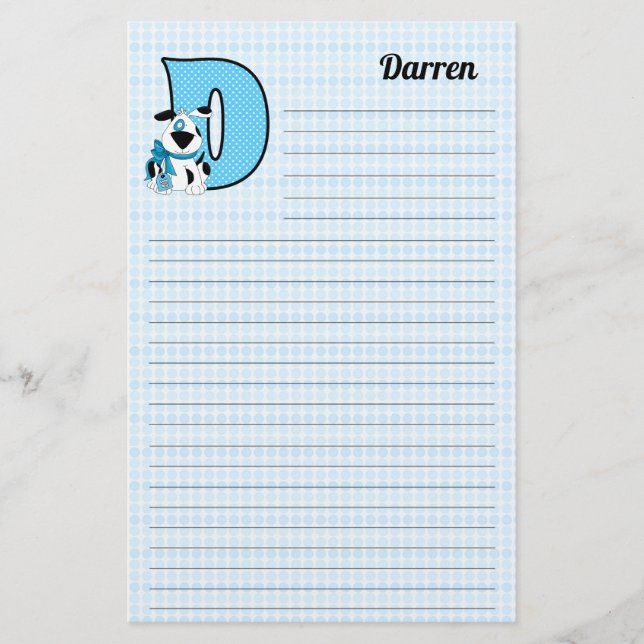 Blauer Hund Grammatierter Buchstabe D Lined Briefpapier (Vorderseite)