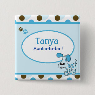 Blauer Hündchen-Babyparty-Namensschild-Knopf Button