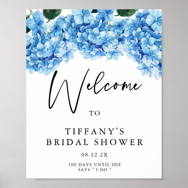 Blauer Hydrangea Brautparty Begrüßungszeichen Poster (Vorne)