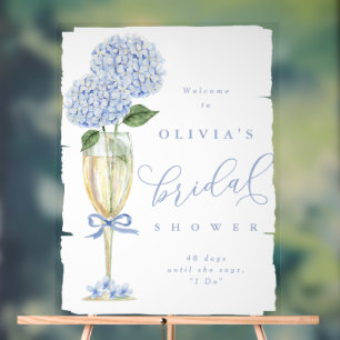 Blauer Hydrangea & Champagner Malerdusche Empfang Acrylschild
