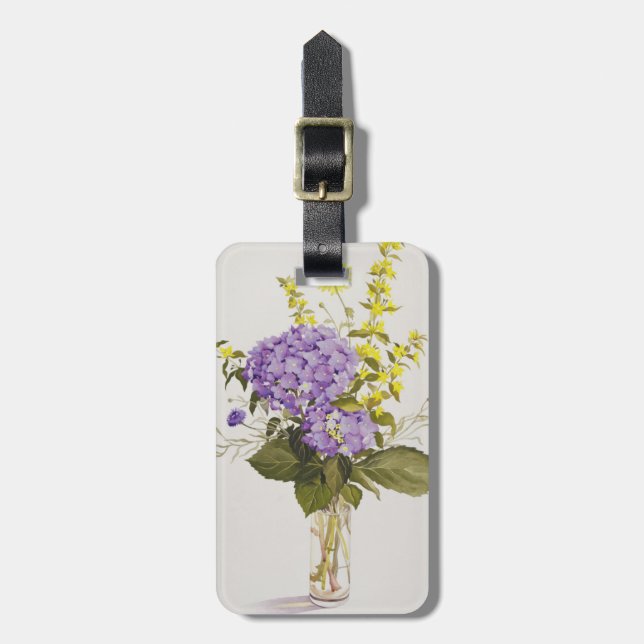 Blauer Hydrangea mit gelbem Felberich Gepäckanhänger (Vorderseite vertikal)