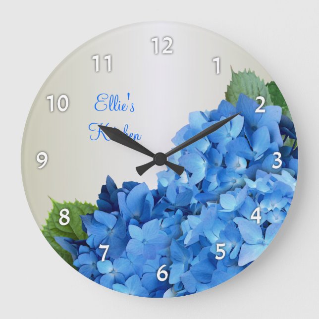 Blauer Hydrangea-personalisierte nummerierte Große Wanduhr (Vorderseite)