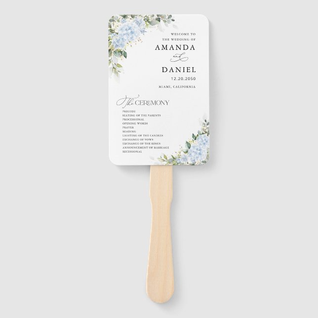 Blauer Hydrangeen-Blumen-Hochzeitsprogramm-Handfäc Fächer (Vorderseite)