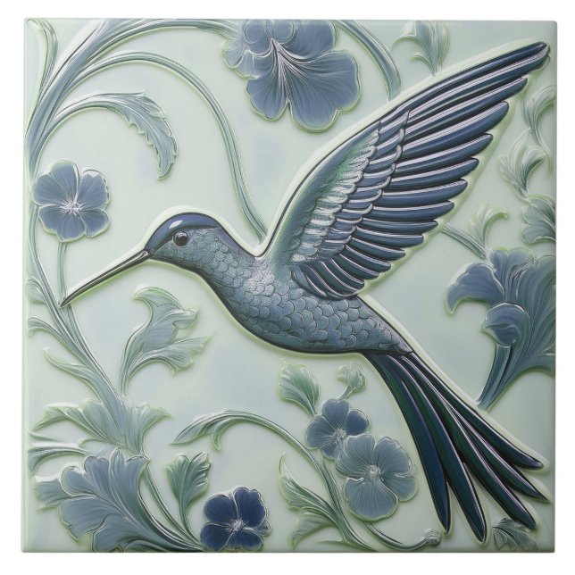 Blauer Imitat Relief Art Nouveau Hummingbird L Fliese (Vorderseite)