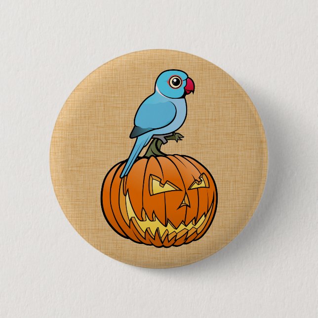 Blauer Indischer Ringhals-Papagei auf Halloween-Kü Button (Vorderseite)