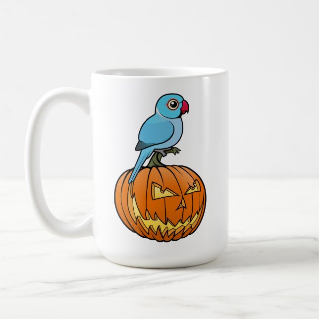 Blauer Indischer Ringhals-Papagei auf Halloween-Kü Kaffeetasse (Links)