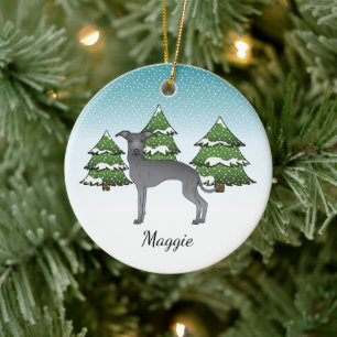 Blauer Italienischer Windhund in einem Winterwald Keramik Ornament