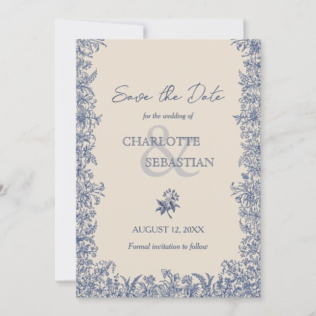 Blauer Jahrgang Save The Date (Vorderseite)