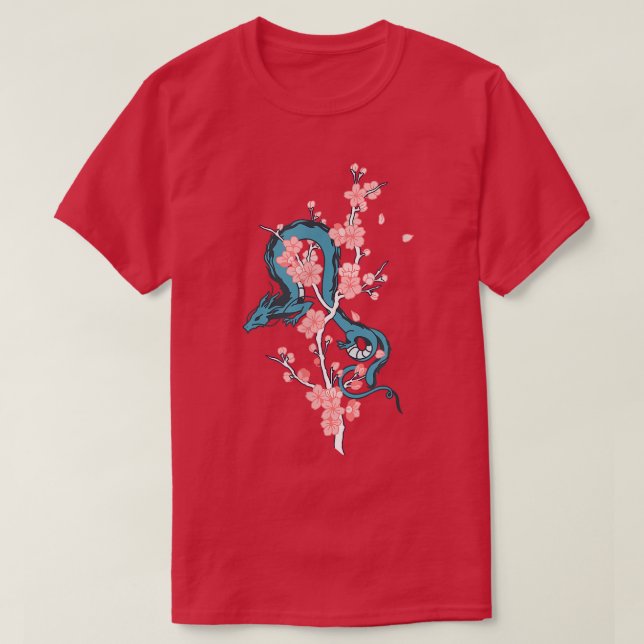 Blauer japanischer Drache mit Sakura Blossom Tree T-Shirt (Design vorne)