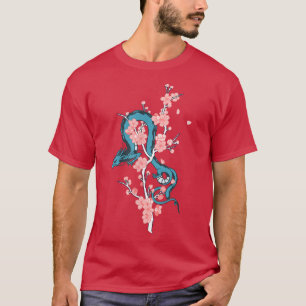 Blauer japanischer Drache mit Sakura Blossom Tree T-Shirt
