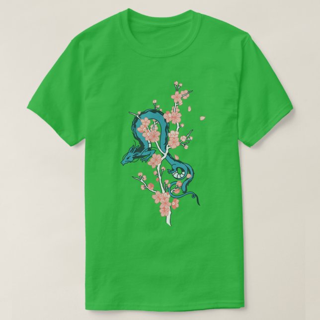 Blauer japanischer Drache mit Sakura Blossom Tree T-Shirt (Design vorne)