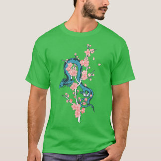 Blauer japanischer Drache mit Sakura Blossom Tree T-Shirt