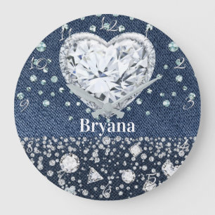 Blauer Jean Denim & Diamanten Bling Diamant Herz Große Wanduhr
