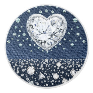 Blauer Jean Denim & Diamanten Bling Diamant Herz Keramikknauf
