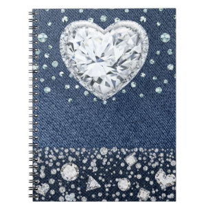 Blauer Jean Denim & Diamanten Bling Diamant Herz Notizblock