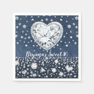 Blauer Jean Denim & Diamanten Bling Diamant Herz Serviette