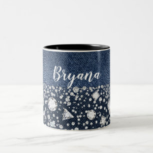 Blauer Jean Denim & Diamanten Bling Diamant Herz Zweifarbige Tasse