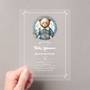 Blauer Jeans-Baby-Denim-Teddybär-Baby-Party Acryleinladungen