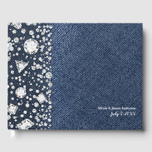 Blauer Jeans Denim & Diamanten Bling Diamant Hochz Gästebuch