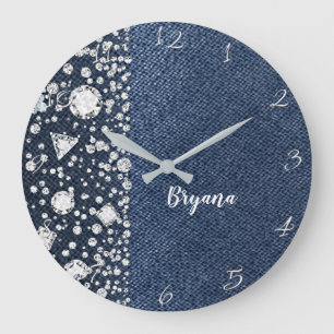 Blauer Jeans-Denim und Diamanten-Bling-Diamant-Her Große Wanduhr